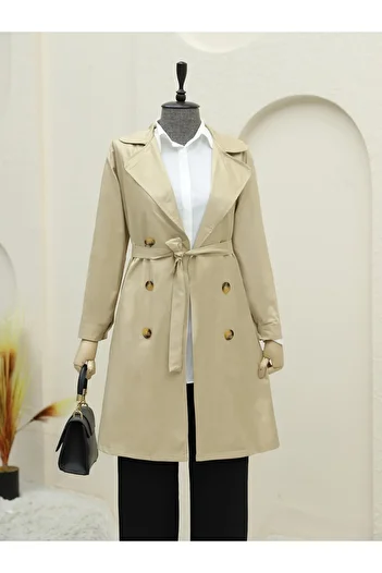 Modamorfo Beige Buttoned Trench Coat with Belt and Pockets