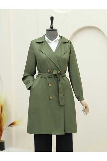 Modamorfo Front Buttoned Belted Trench Coat with Pockets - Khaki
