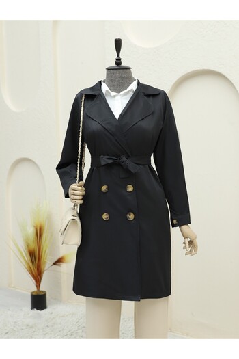 Modamorfo Front Buttoned Belted Trench Coat with Pockets -Black