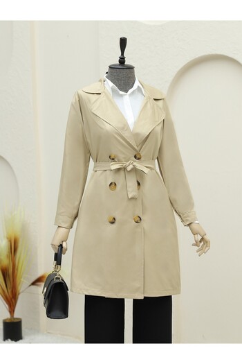 Modamorfo Beige Buttoned Trench Coat with Belt and Pockets