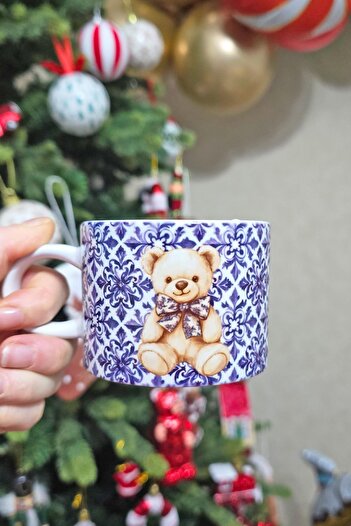 PEKSHOP Bleu Blanch Design Teddy Bear Cup with Teddy Bear Thin Elegant Mug Cup