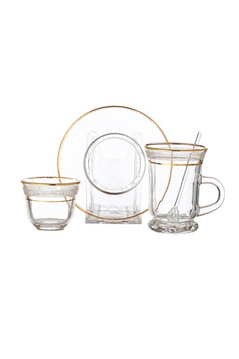 Dania A Set 48 Pieces Tea Cups + Saucers, Saudi Coffee & Tea Spoons, Made Glass + Golden Line