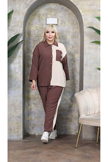 garajmood Brown Shirt & Pants Women's Plus Size Double Color Pocket Bottom Top Suit