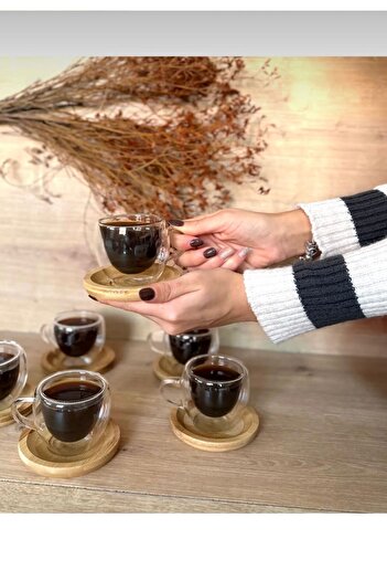Snow Homs 6-Piece Bamboo Plate Double Walled Coffee Set Cup Dowry Cup Glass Mug