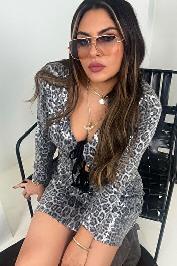 Sohotique By P Fusta mini cu paiete leopard gri