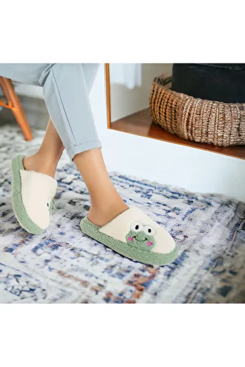 Hızlı Al Women's Frog Figure Silent Sole Plush Home Slippers