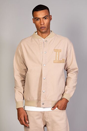 LTC Jeans Beige Men's Snap Fastener Oversize Rib Detail Denim Jacket