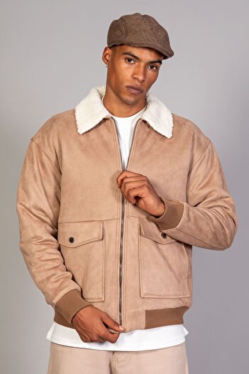 LTC Jeans Men's Beige Fur Collar Quilted Oversize Suede Jacket