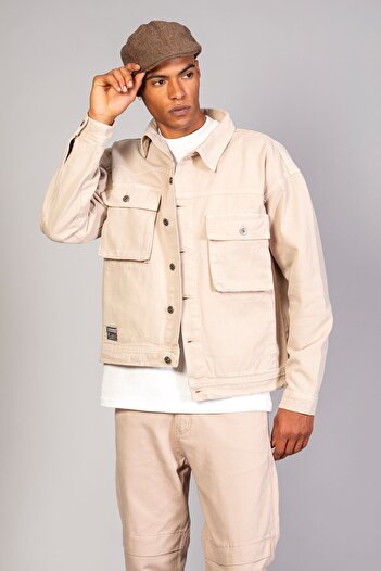 LTC Jeans Men's Beige Bellows Pocket Oversize Denim Jacket