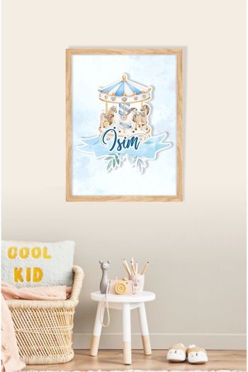 neşeli günlerim İsme Özel Boyutlu Mavi Atlıkarınca Figürlü Ahşap Çerçeve 30x40 cm Tablo, Hastane Odası Kapı Süsü, Ço