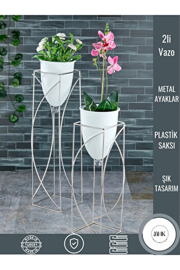 MHK Collection Λευκή Διακοσμητική Μεταλλική Γλάστρα - 2 Τεμάχια Ασημένια Πόδια, Διακοσμητική Γλάστρα, Βάζο