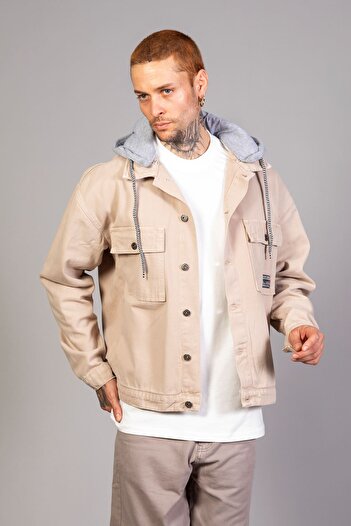 LTC Jeans Men's Beige Detachable Hooded Oversize Denim Jacket