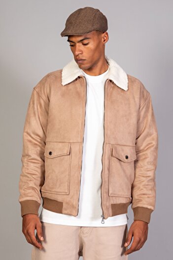 LTC Jeans Men's Beige Fur Collar Quilted Oversize Suede Jacket