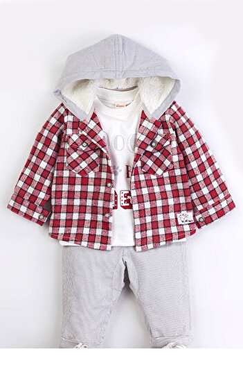 Bombili Baby Boy Hooded Plaid Shirt 3 Piece Set