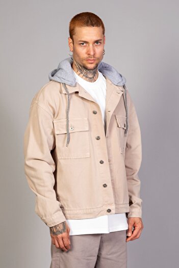 LTC Jeans Men's Beige Detachable Hooded Oversize Denim Jacket