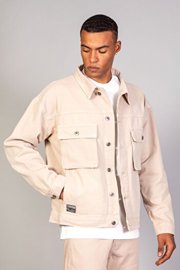 LTC Jeans Men's Beige Bellows Pocket Oversize Denim Jacket
