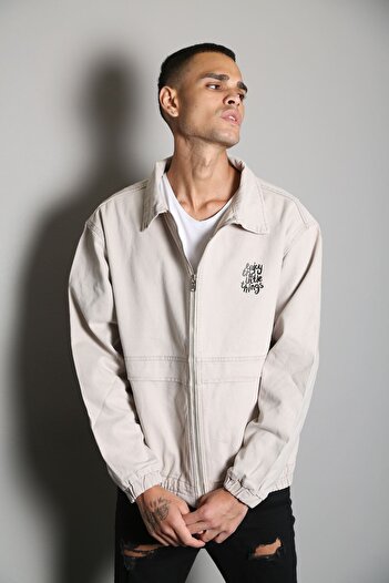 LTC Jeans Oversize Beige Printed Men's Zippered Bomber Jeans Jacket