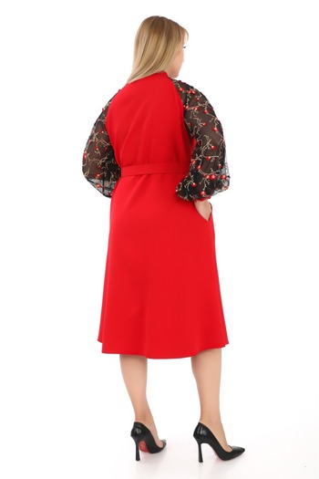 etselements Red Floral Print Tulle Evening Dress with Sleeve Belt - Button Detail 7060