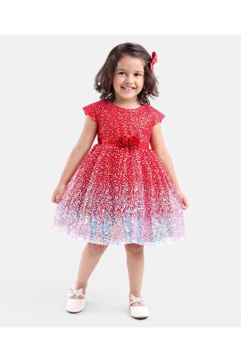 Babyhug Sleeveless Sequined Party Frock with Corsage - Red