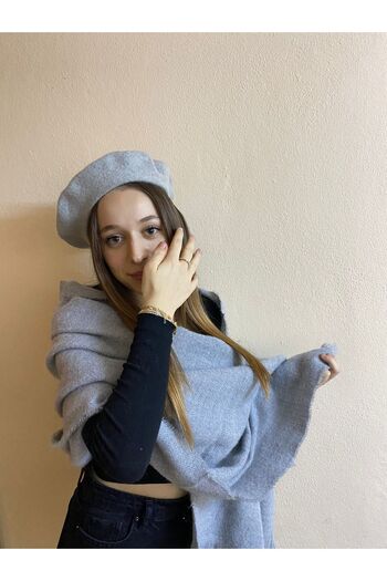 sema aksesuar New Year's Beret and Shawl Set - Gray French Painter, Plain Wide Scarf, Shoulder Shawl Gift