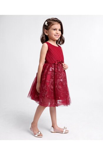 Babyhug Sleeveless Party Wear Frock Embroidered - Red