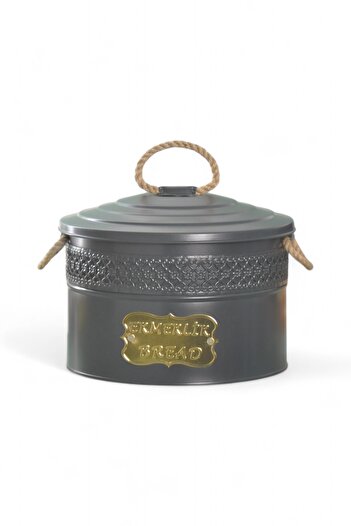 Milenay Vintage Desenli Halat Kulplu Metal Ekmeklik, Kapaklı Ekmek Saklama Kabı, 27x27x19cm
