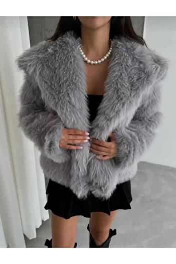 ECK MODA Women's Inner Lined Pocketed Wide Collar Fur Coat