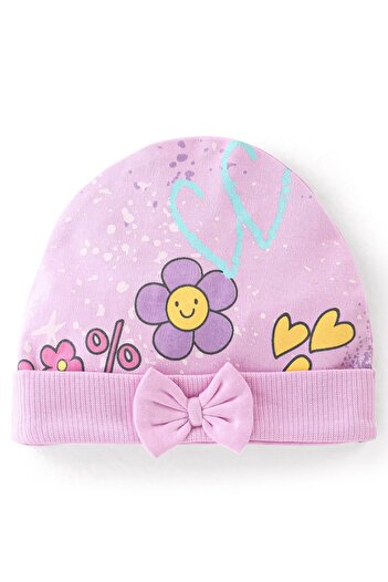 Bonfino 100% Cotton Cap Mittens & Booties Set Floral Print - Lavender