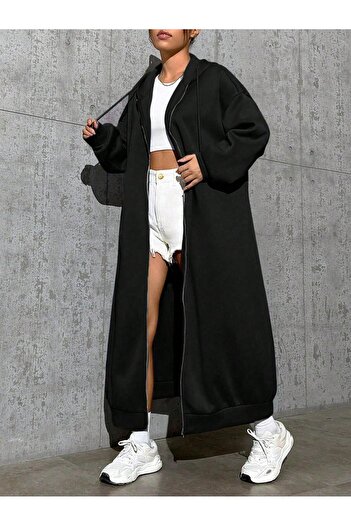 Machetta Women's Large Size Oversize Hooded Pocket Long Zipper Cardigan / Tunic