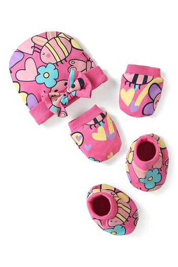Bonfino 100% Cotton Knit Cap Mittens & Booties Set Floral Print - Pink
