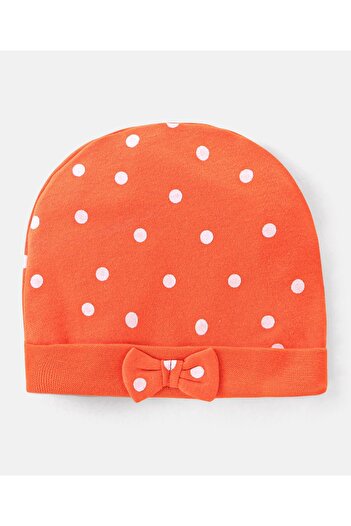 Bonfino Bonfino  100% Cotton Polka Dot Print With Bow Applique Cap Mittens & Booties Set -Orange