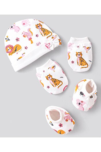 Bonfino 100% Cotton Knit Tiger Printed Cap Mittens & Booties Set - Ivory