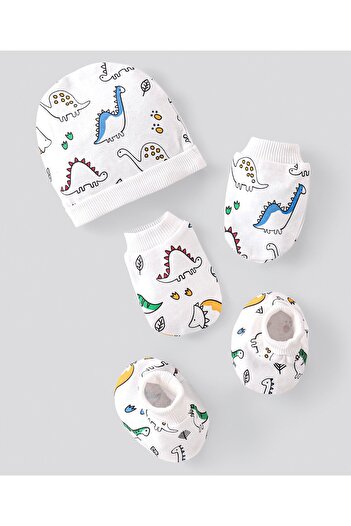 Bonfino Cotton Knit  Cap Mittens & Booties Set Dino Print White - Diameter 11.5 cm