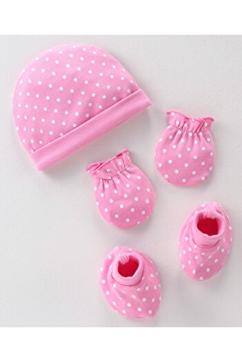 Babyhug 100% Cotton Knit Cap Mittens & Booties Polka Dot Print - Pink
