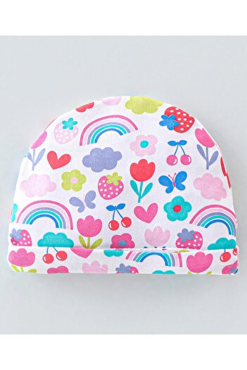 Babyhug 100% Cotton Knit Cap Mittens & Booties  Rainbow Print- White