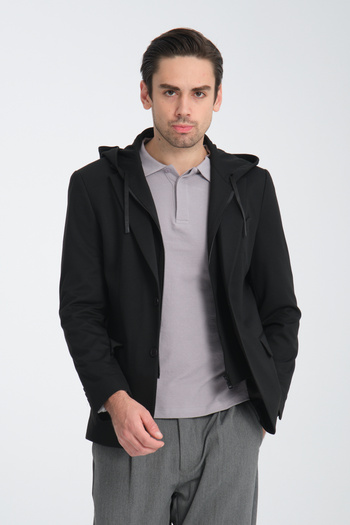 Frappoli Marcio Men's Black Removable Hood Half Lining Slim Fit Mono Collar Sport Blazer Jacket