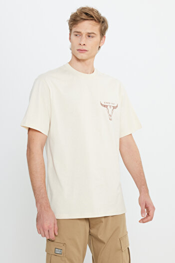 WRANGLER 100% Cotton Loose Fit Relaxed Fit Crew Neck Men's Ecru Back Printed T-Shirt