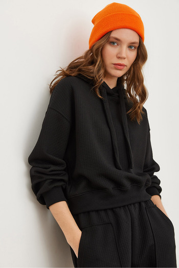 Olalook Women's Waffle Print Hooded Black Sweatshirt - Swt- 19000708