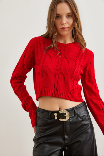 Olalook Women's Red Thick Hair Braided Crop Knitwear Sweater Kzk- 19000911