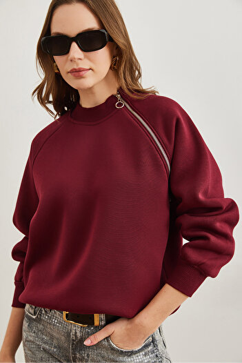 Olalook Burgundy Raised Sweatshirt - Shoulder Zipper Detail Swt- 19000709