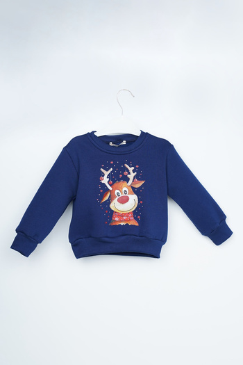 TRENDYOLKIDS Unisex Saks Color Christmas Printed Knitted Sweatshirt - Tkdaw25Sw00135