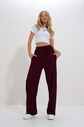 Trend Alaçatı Stili Women's Burgundy Double Pocket Elastic Side Stripe Wide Leg Pants Alc-X12713