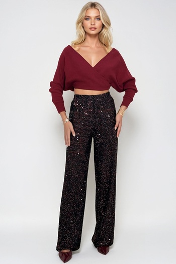 Trend Alaçatı Stili Women's Burgundy High Waist Sequin Sequin Palazzo Pants Alc-X13292