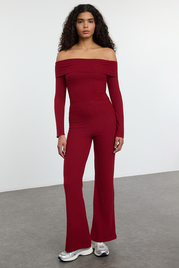 Trendyol Collection Claret Red High Waist Stretchy Corded Knitted Trousers Twoaw25Pl00111