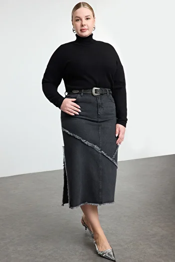 Trendyol Curve Anthracite Slit Denim Plus Size Skirt Tbbaw25Az00012