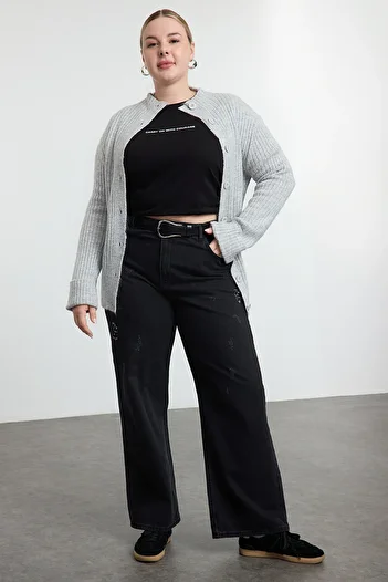 Trendyol Curve Gray Soft Textured Stand Collar Knitwear Cardigan Tbbaw25Av00023