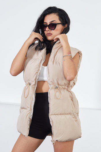 moda armanc Women's Beige Puffer Vest with Elastic Waist