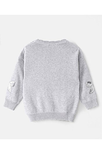 Bonfino Cotton Knit Full Sleeve Drop Shoulder Sweater with Sequined Bow Embroidery - Grey