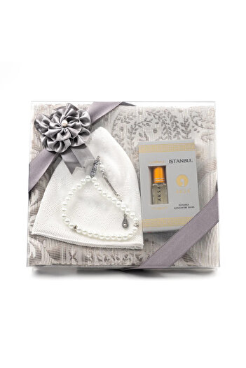 Hayrat Neşriyat Skullcap + Essence + Prayer Beads + Prayer Rug Gift Set (Gray)