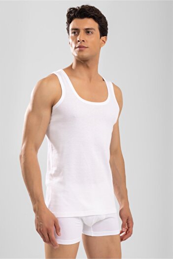 BAYKAR Λευκό Ανδρικό Slim Fit Ριμπ Τανκ Τοπ - Κλασικό Βαμβακερό